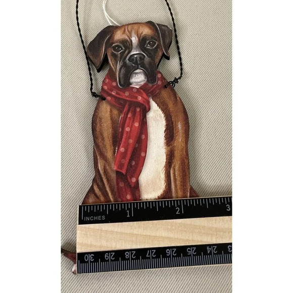 Boxer Red Scarf Dog Holiday Christmas Wood Ornament‎ Wire Hanger NEW Set Of 2 - Picture 3 of 3